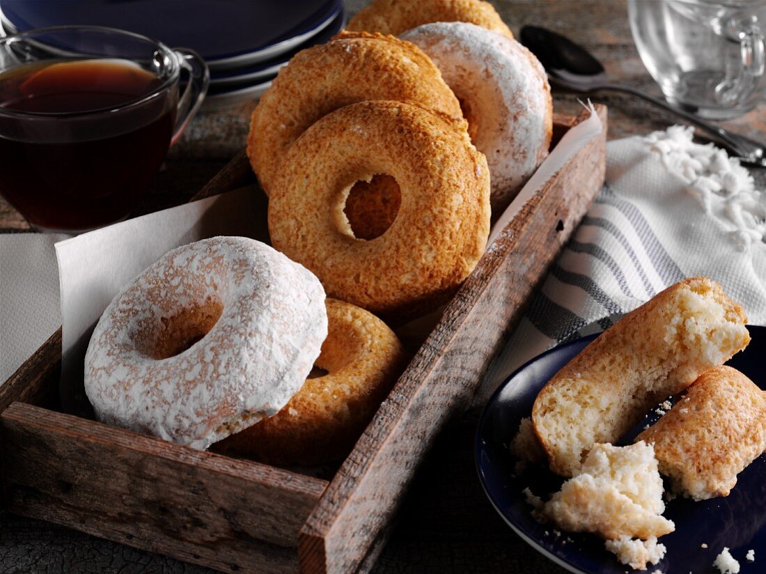 Baked Doughnuts in a Wooden Tray