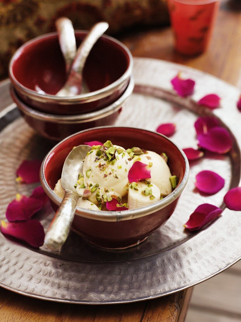 Banana ice cream with pistachios and rosewater