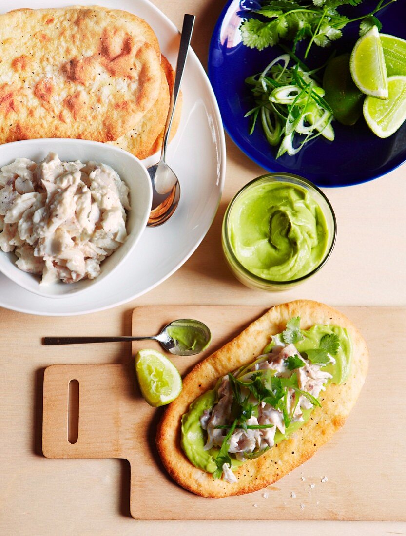 Chopped snapper with limes, coriander and avocado, on flatbread