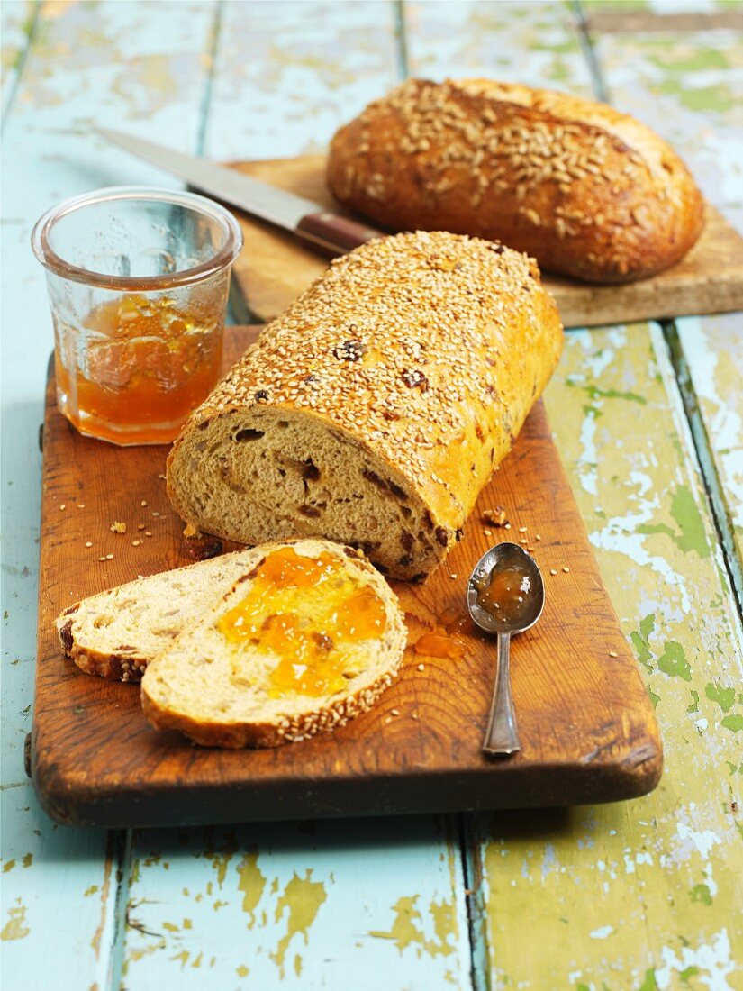 Fruit bread with jam and sunflower seed bread