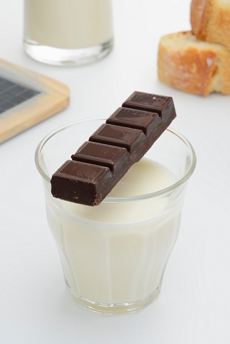 A glass of milk, chocolate and baguette