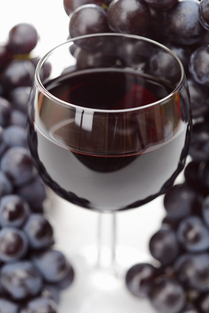 Ein Glas Rotwein und blaue Trauben