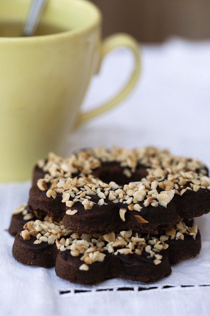 Cocoa biscuits with chocolate glaze and chopped hazelnuts