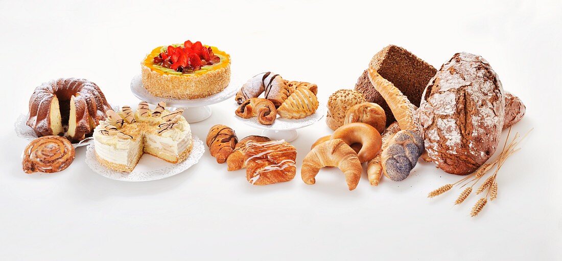 An arrangement of cakes, pastries and bread