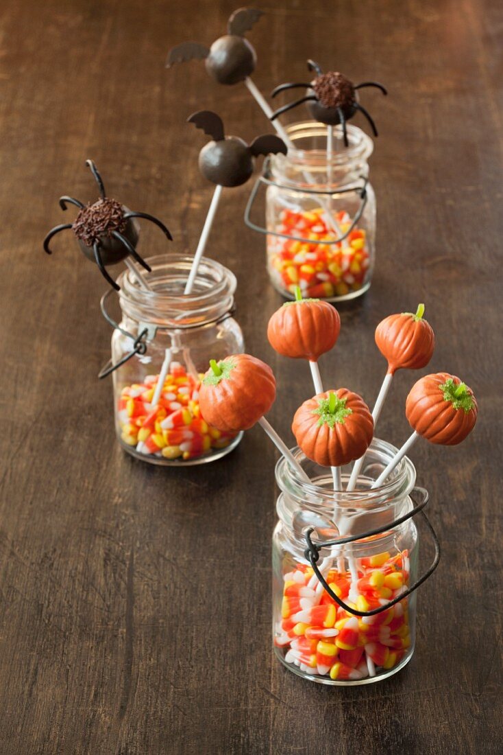 Three Jars with Candy Corn and Halloween Cake Pops