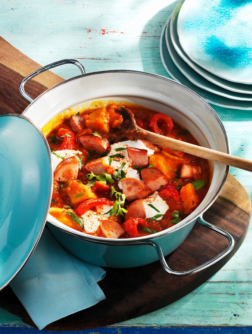 Sausage goulash with potatoes and tomatoes