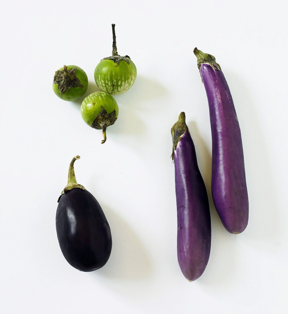 Three Assorted Eggplants; Thai Eggplant, Chinese Eggplant, Italian Eggplant