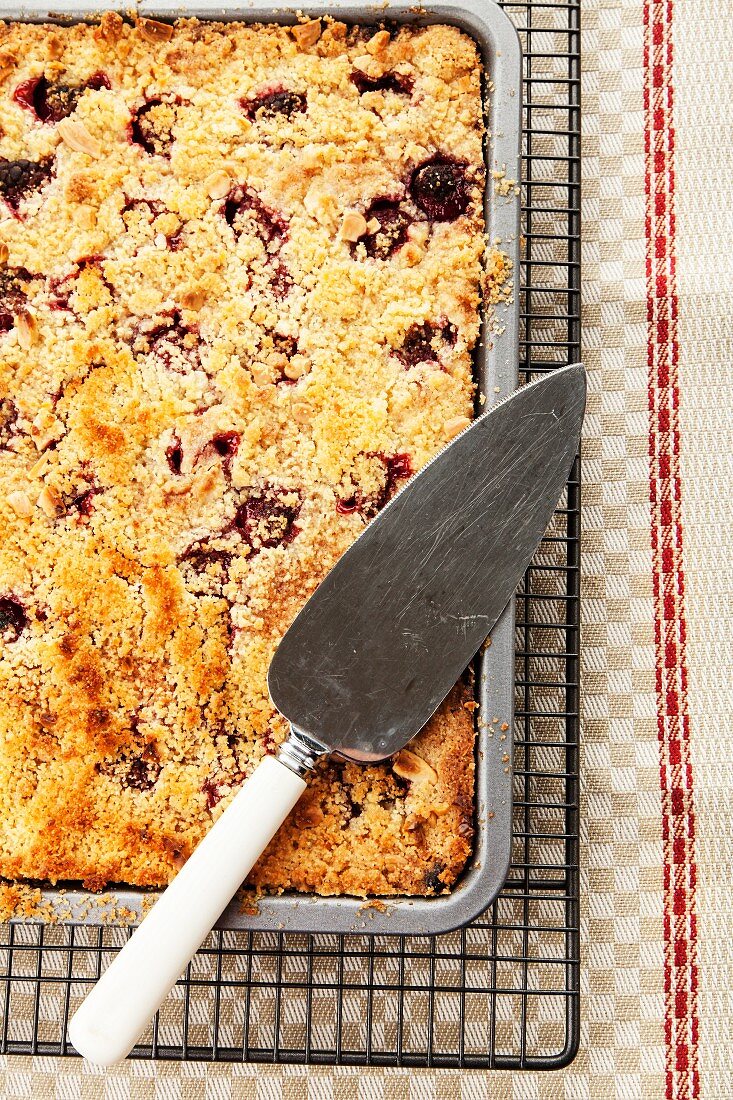 Raspberry and almond slice topped with crumbles
