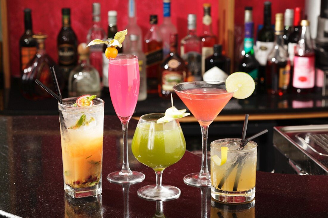 Various cocktails on a bar