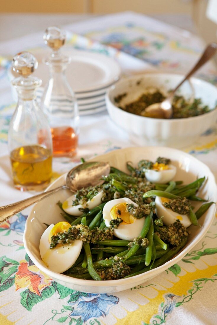 Green beans with eggs and salsa verde
