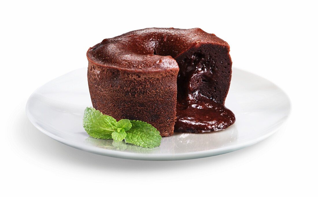 Chocolate Filled Flourless Mini Chocolate Cake; Mint Garnish