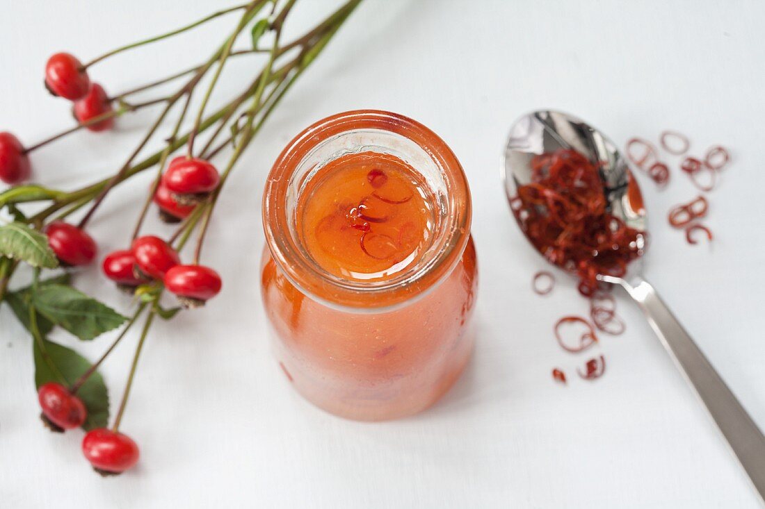A jar of homemade rosehip chilli