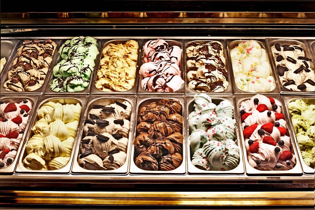Various types of ice cream in an ice cream cafe