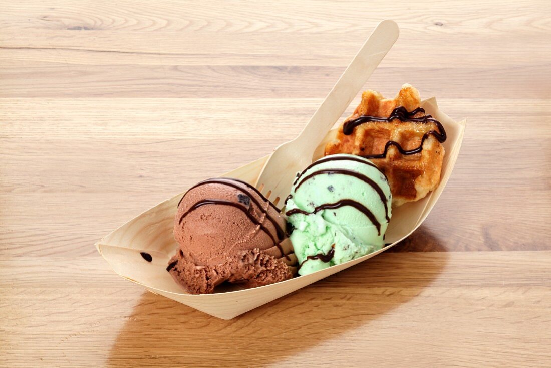 Chocolate and pistachio ice cream with a waffle