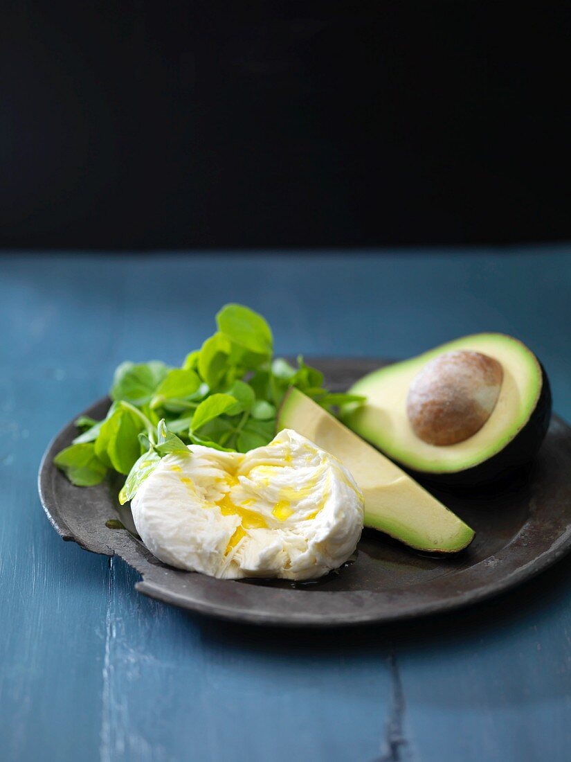 Mozzarella with olive oil, avocado and bittercress