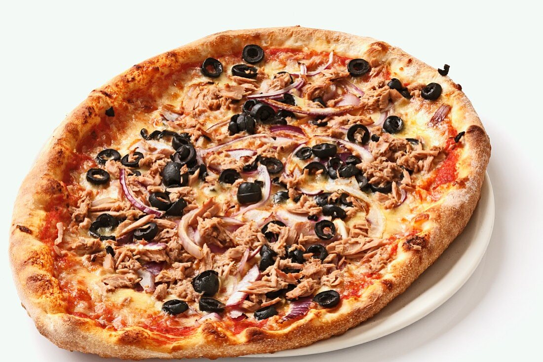 A tuna, olive and onion pizza