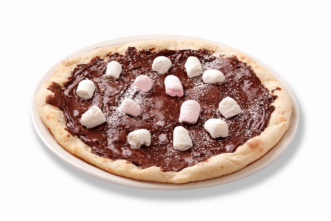 A chocolate pizza topped with marshmallows