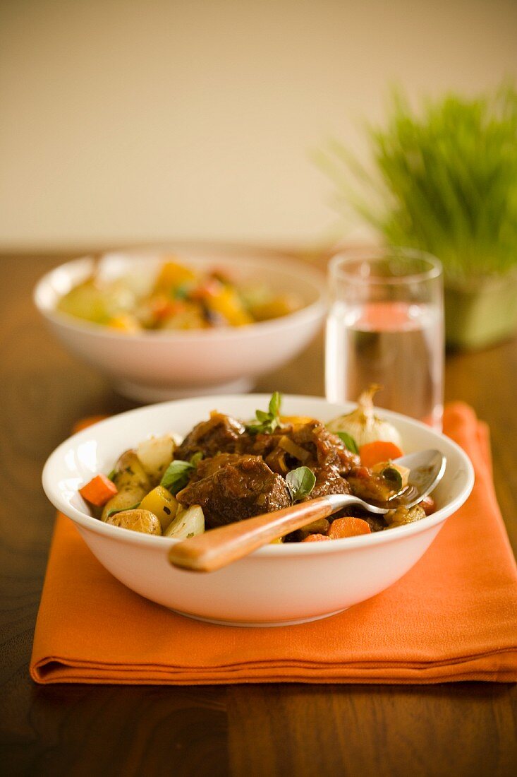 Bowl of Beef Stew with a Spoon