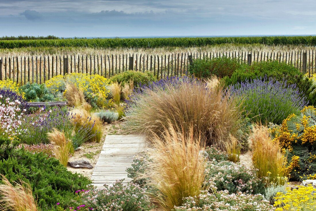 Blühender Garten und Blick über Gartenzaun auf die Landschaft