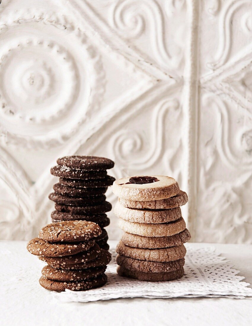 Ginger biscuits, chocolate biscuits and jam biscuits