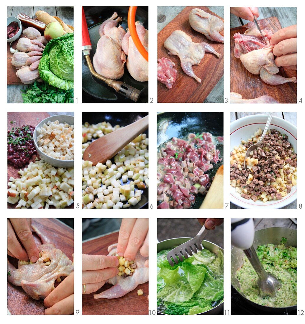 Stuffed quail and a savoy cabbage medley being made