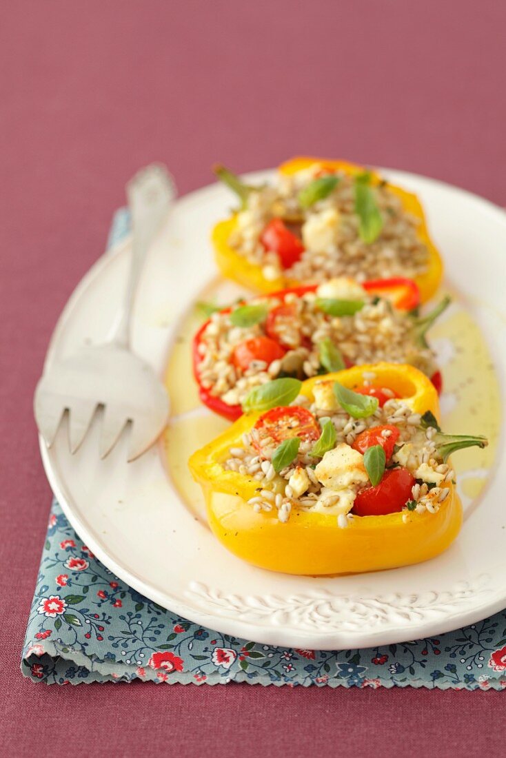 Stuffed peppers with barley, feta cheese and tomatoes