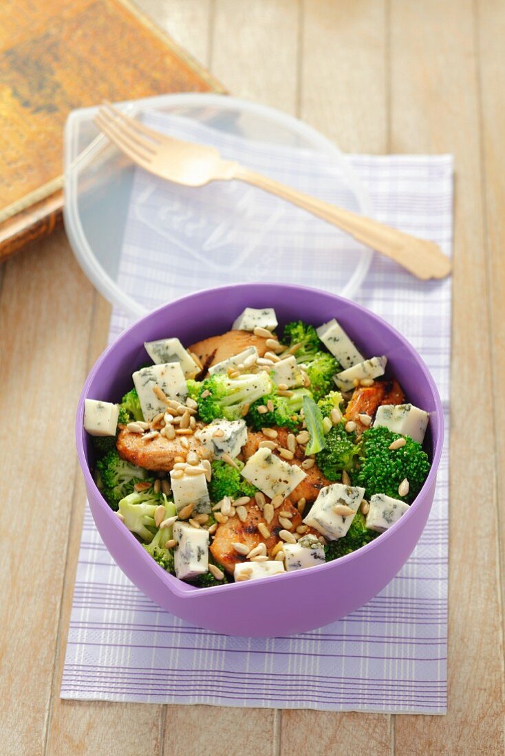 Chicken and broccoli salad with blue cheese and sunflower seeds
