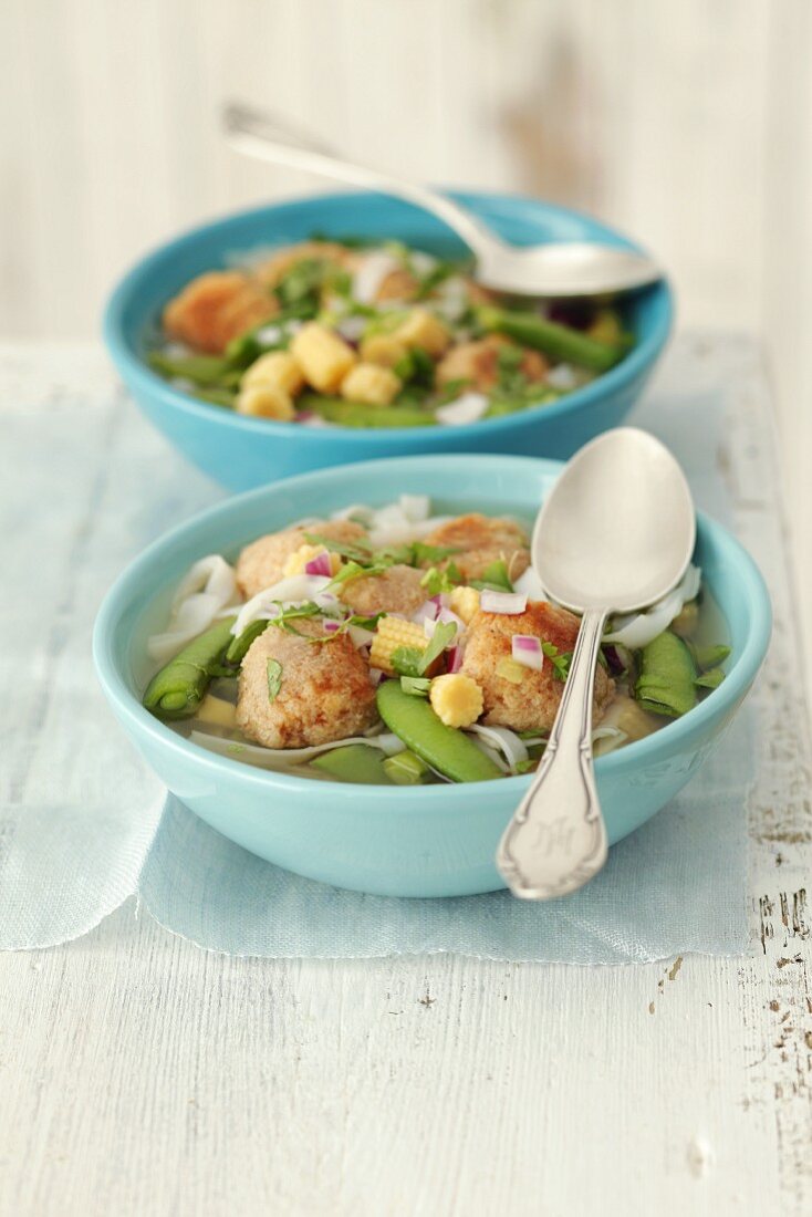 Reisnudelsuppe mit Gemüse und Hackbällchen (China)