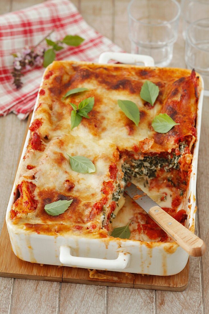 Cannelloni mit Spinat und Ricotta in Tomaten- und Bechamelsauce