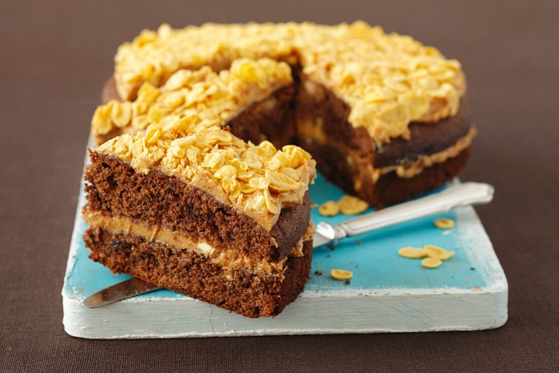 Chocolate cake with peanut butter, sliced