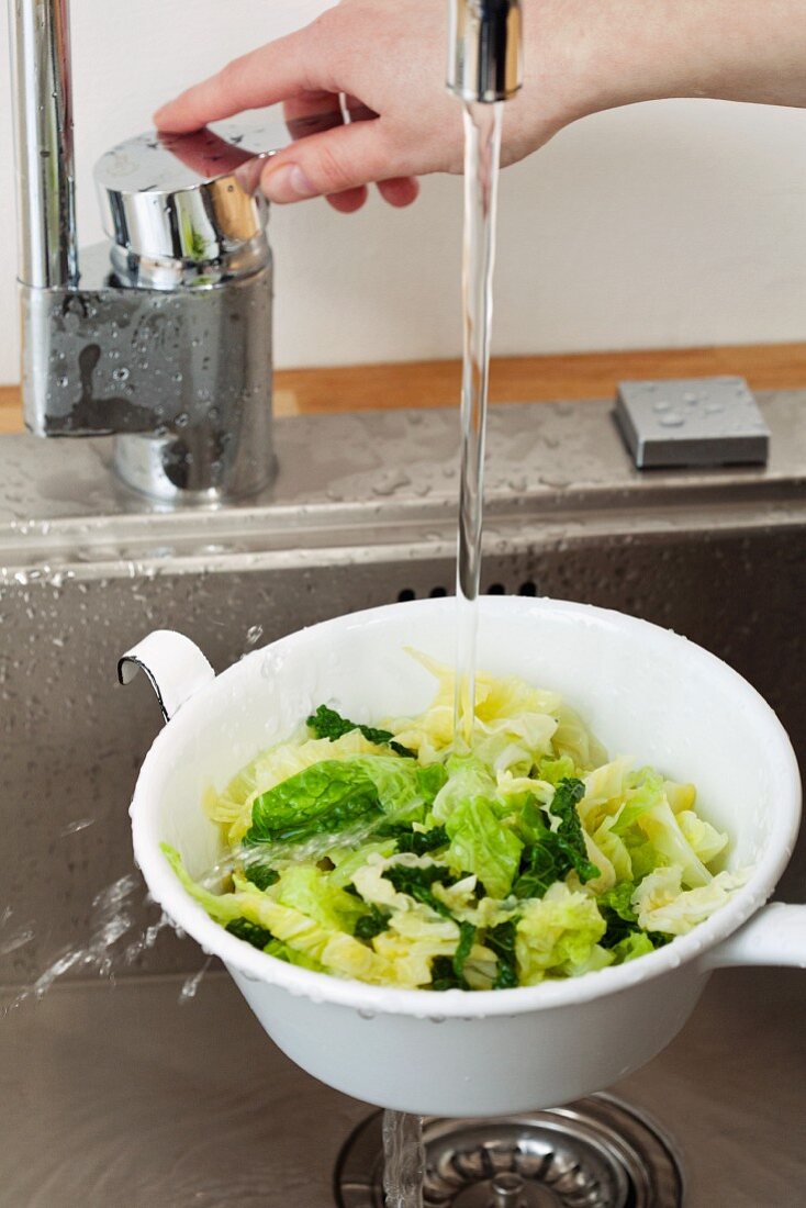 Savoy cabbage in a colander being washed