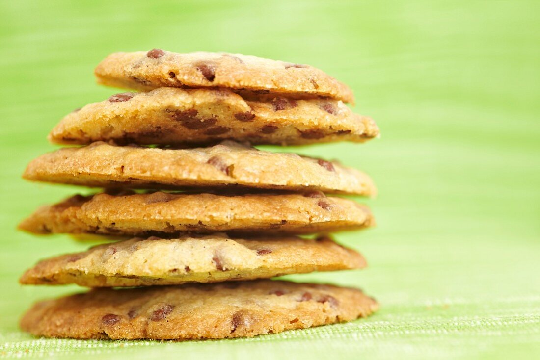 A stack of homemade chocolate chip cookies