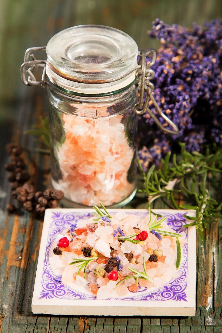 A jar of Himalayan salt and a bunch of lavender
