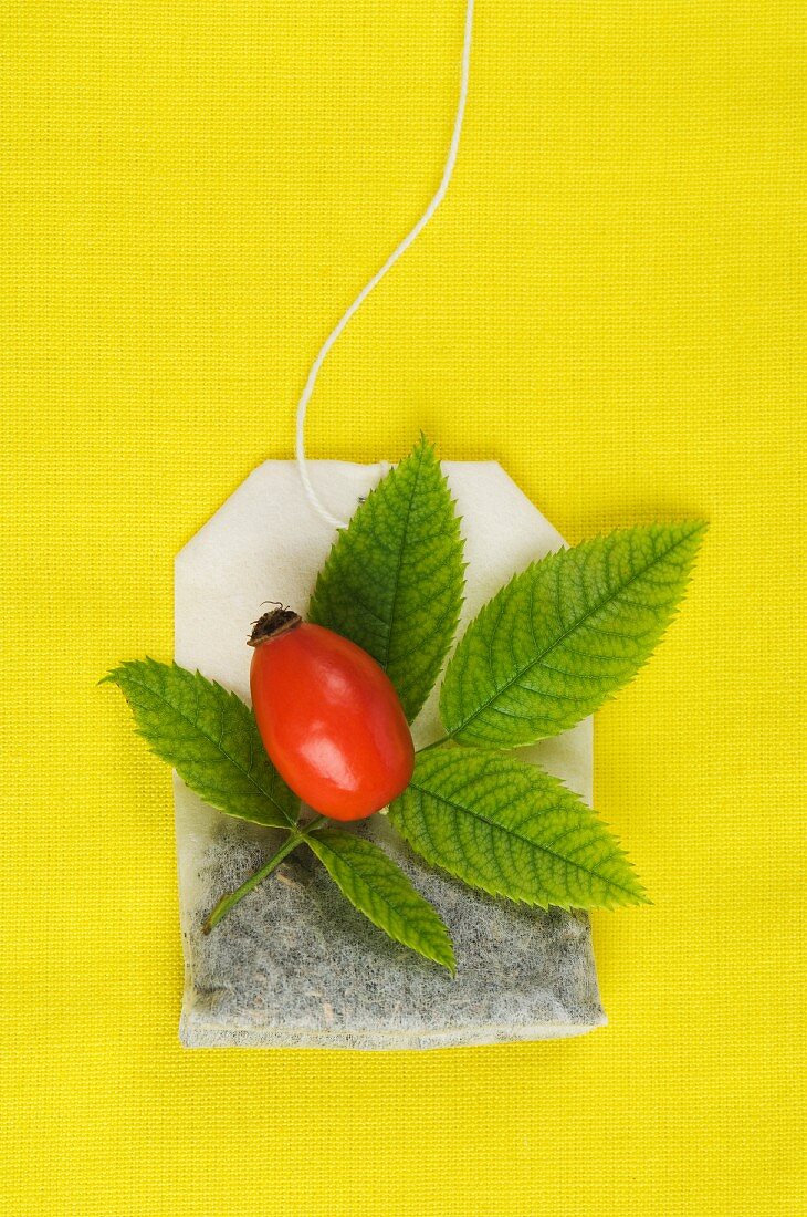 A rose hip tea bag and a rose hip