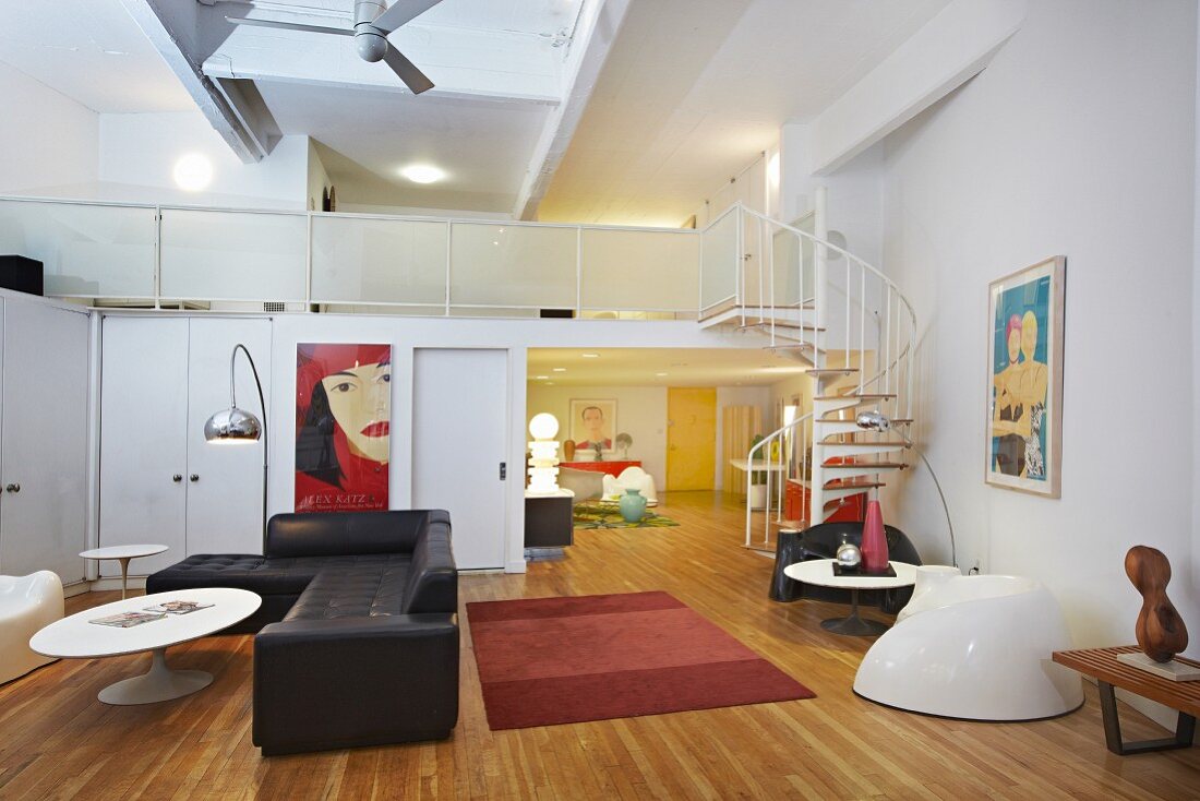 Modern Living Room with Stairs Leading to a Loft