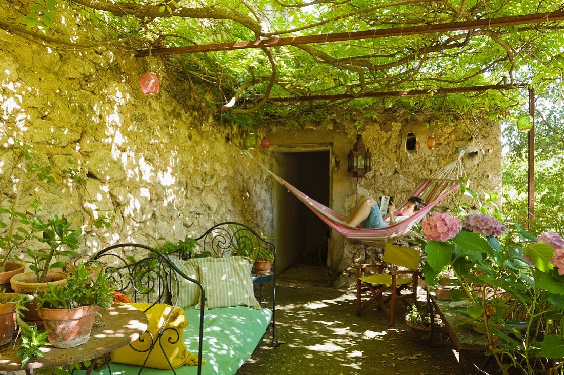 A young boy reads in a hammock in a shady vine-covered pergola with iron daybed
