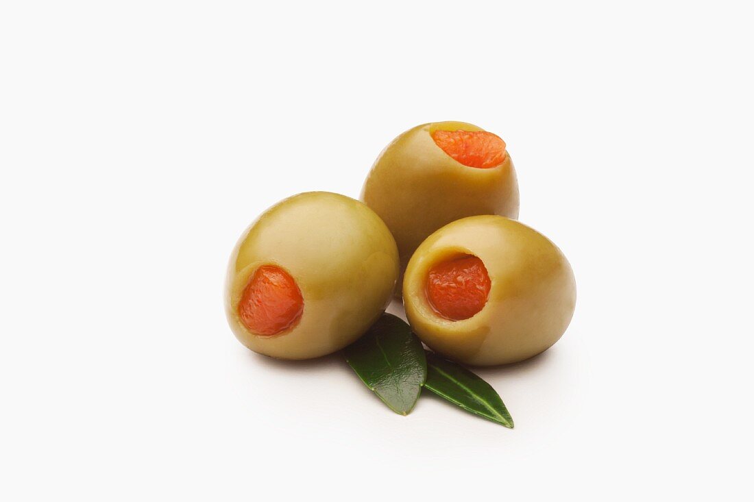 Spanish Green Olives Stuffed with Pimentos; White Background