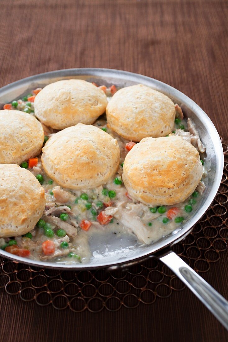 Chicken Pot Pie with Biscuit Topping; Cooked in a Skillet