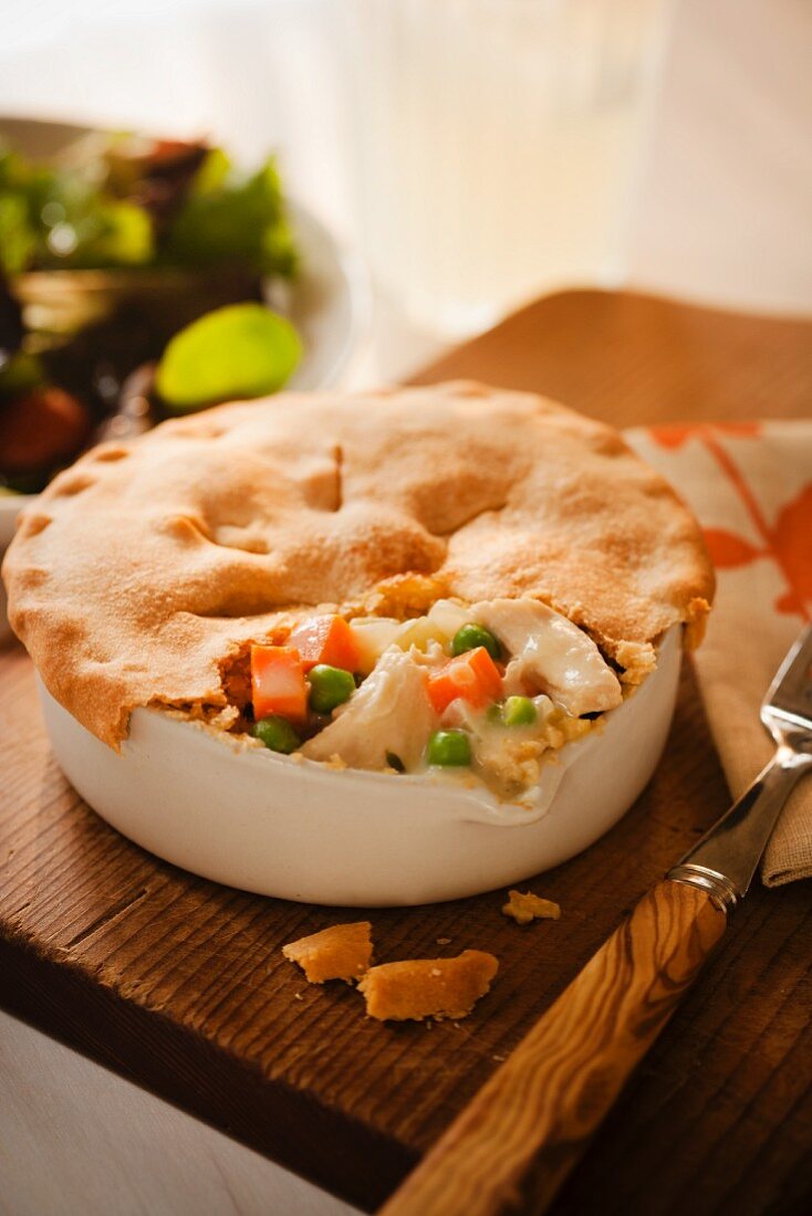 Chicken Pot Pie with a Piece of the Top Crust Removed