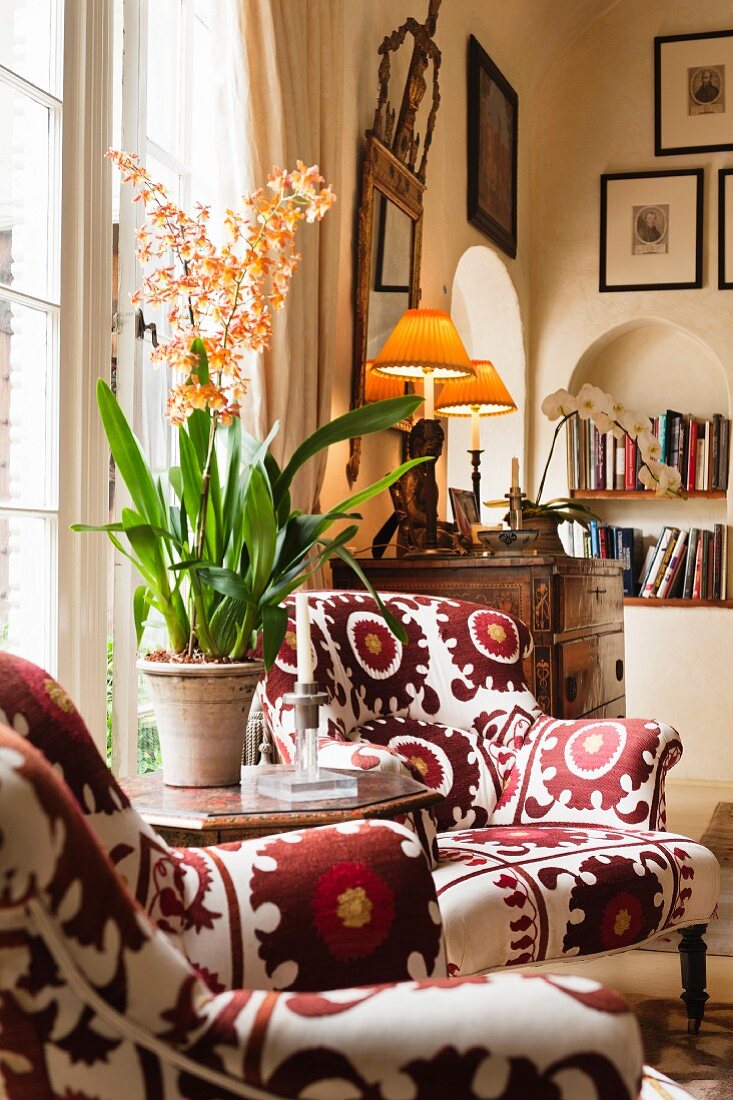 Pair of matching armchairs upholstered in Kathryn Ireland fabric