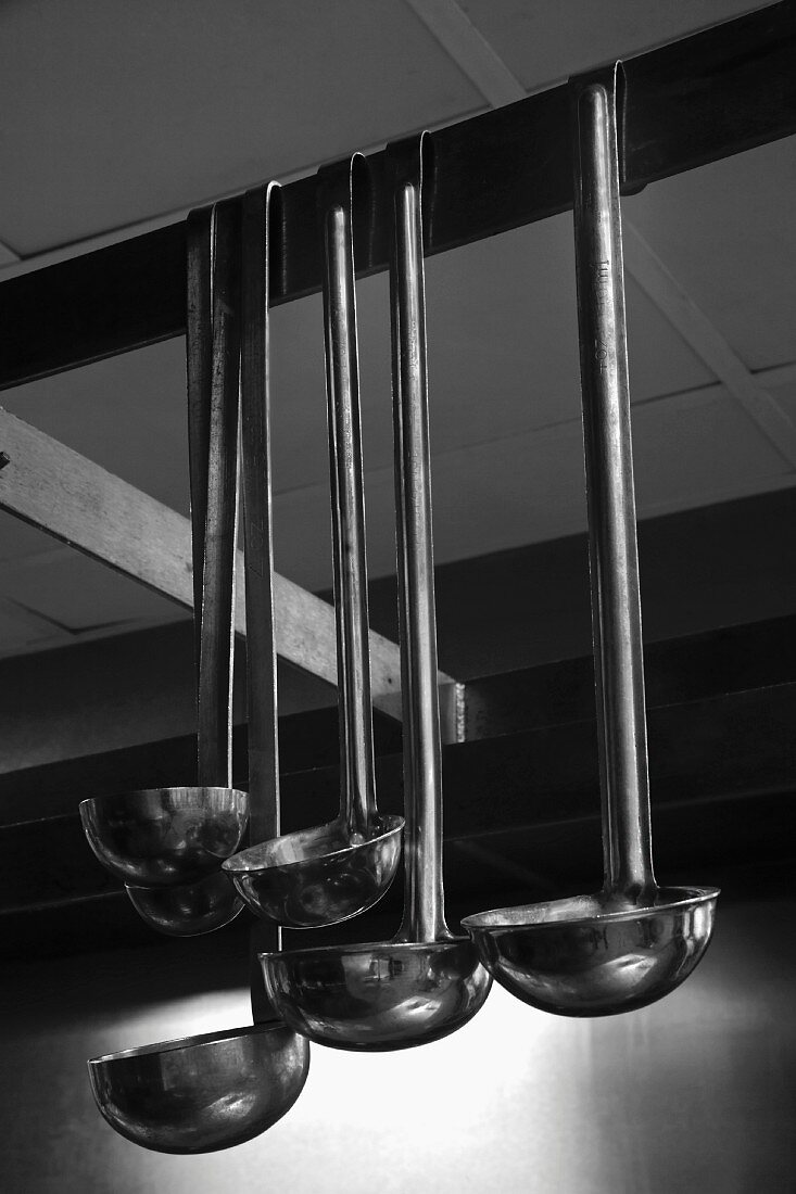Ladles Hanging from a Rack in a Kitchen