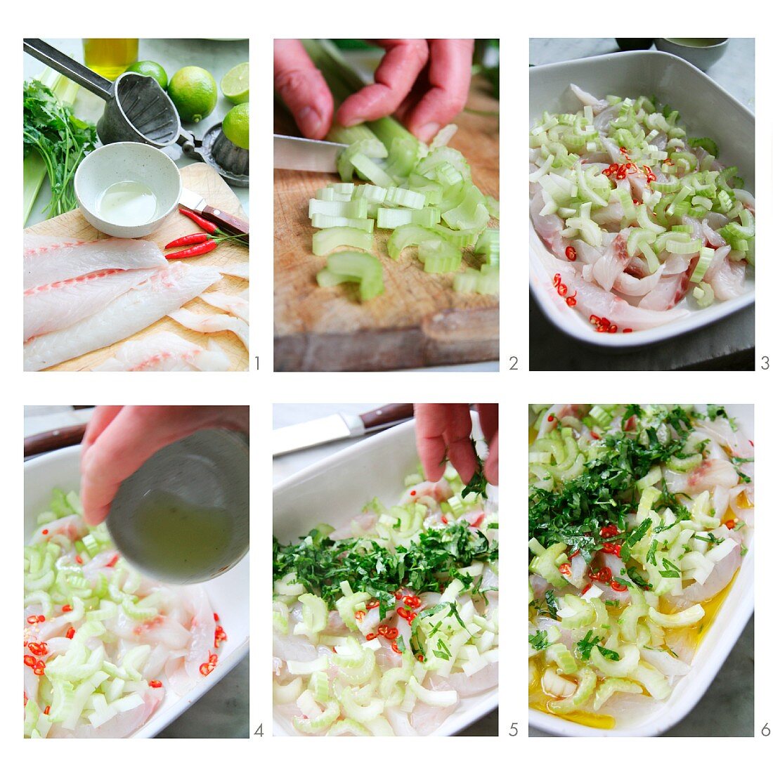 Ceviche with celery being made