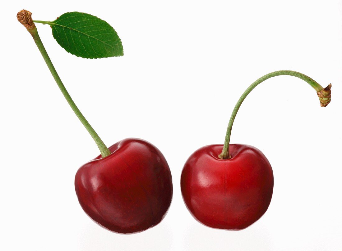 Two cherries with stems and a leaf on a white surface
