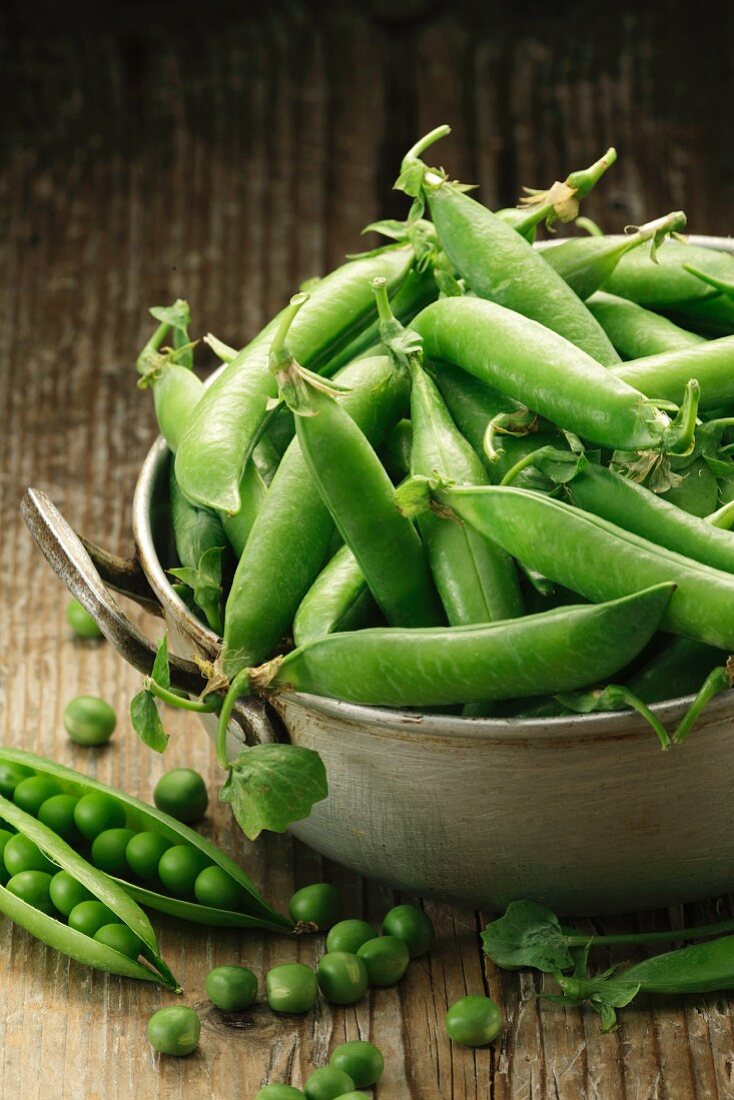 Fresh pea pods in a metal bowl
