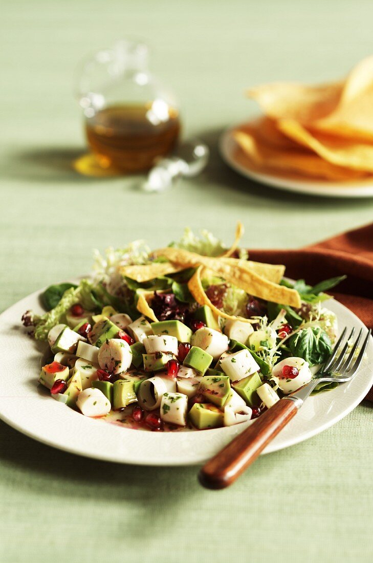 Ein Teller Salat, hinten gemischter grüner Salat, vorne Avocadosalat mit Granatapfelkernen und Tortillastreifen