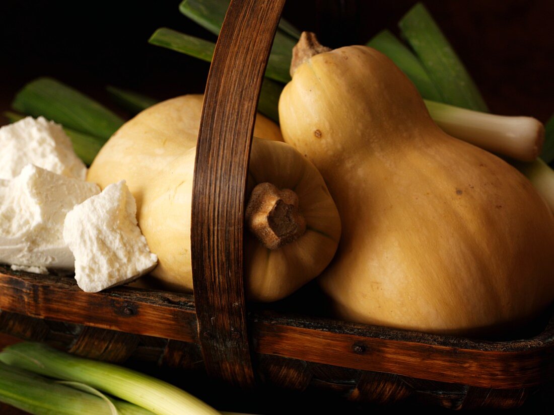 Butternut squash, leek and goat's cheese in basket