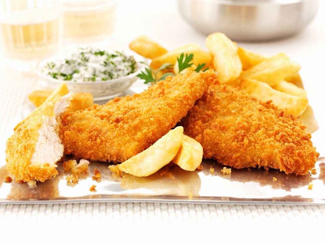 Breaded chicken breast with chips
