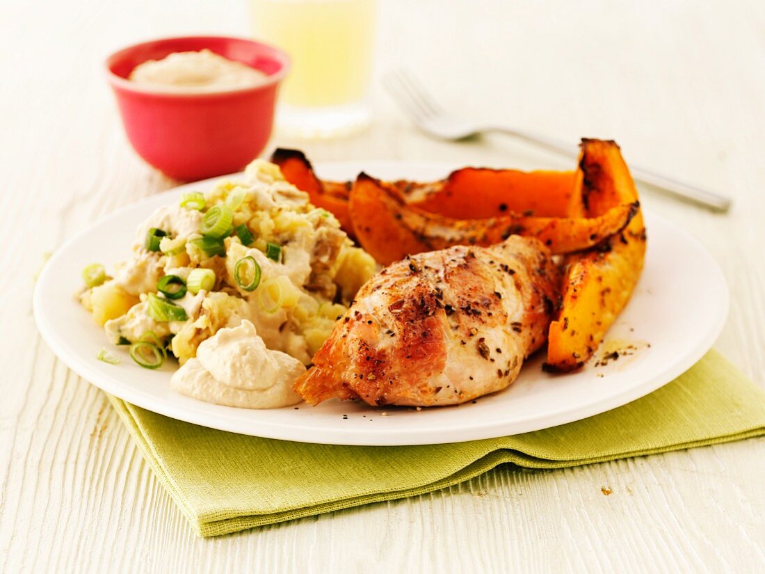 Chicken with butternut squash and mashed potatoes