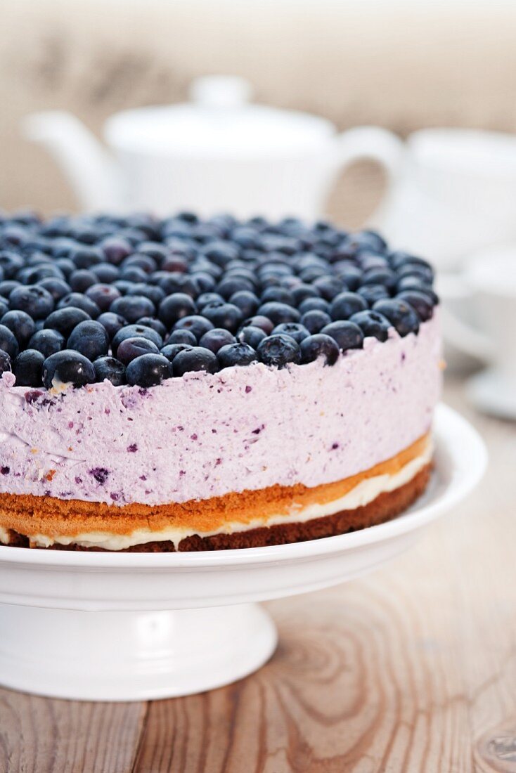 Blueberry and quark cake on a cake stand
