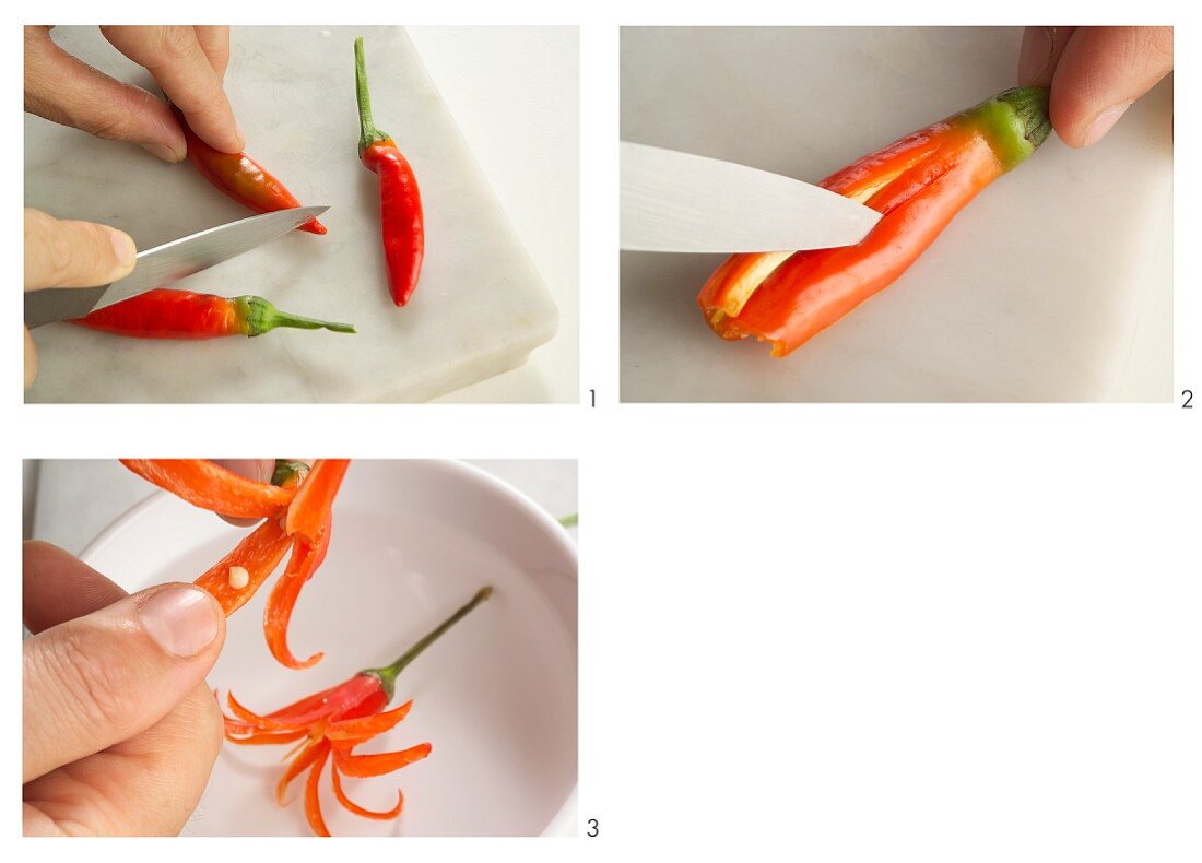 A chilli pepper being cut into a flower